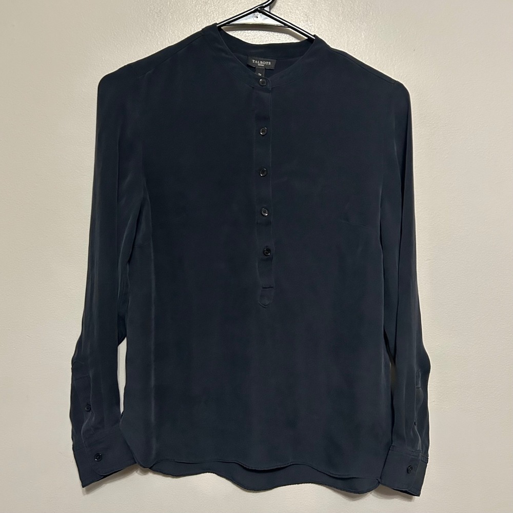 Talbots 100% Silk Blouse 2P Gray Black Mandarin Collar Long Sleeve Casual Work